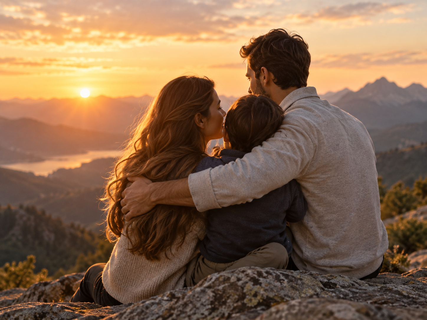 Familia abrazada contemplando el atardecer